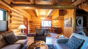 1-inch LCD TV with satellite channels, fireplace, printers