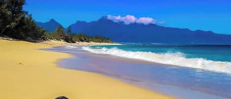 On the beach, sun loungers, beach towels