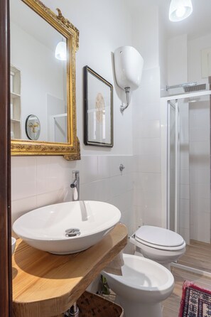 Regadera, secadora de cabello, bidet, toallas