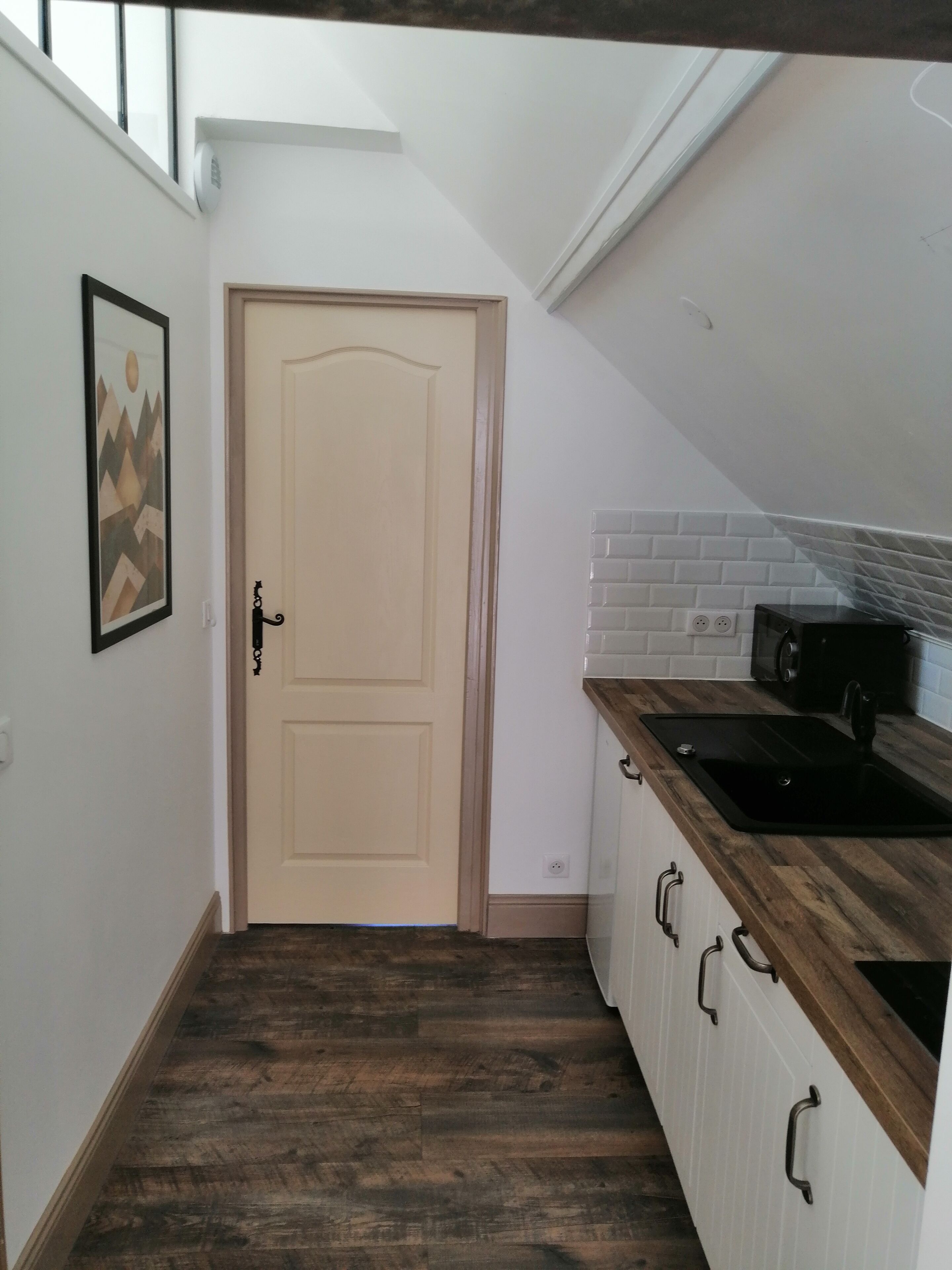 A narrow hallway with a wooden floor, a beige door, and a kitchen area with a black sink and white cabinets.