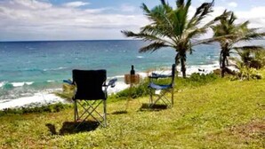 Un espace verdoyant avec deux chaises donnant sur l’océan, des palmiers et une vue dégagée sur la mer.