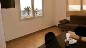 Un salon avec un canapé, une table à manger et une chaise, ainsi qu’une fenêtre donnant sur des palmiers.