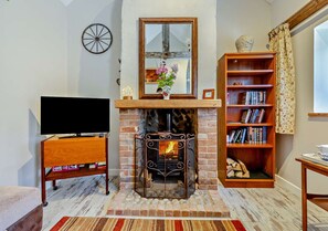 Cozy living room with a central fireplace, flat-screen TV, and a bookshelf filled with books and decorative items.