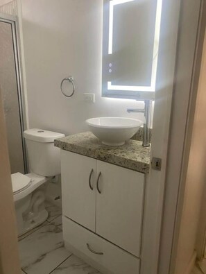Hair dryer, towels, soap, shampoo