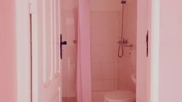 Un baño con ducha, inodoro y una puerta.