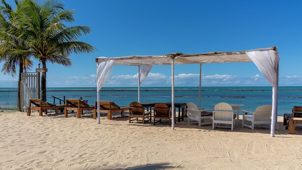 A beach with a canopy and wooden chairs, palm trees, and a clear view of the ocean. - Villa Maravilha (Porto Seguro)
