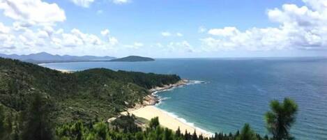 A coastal landscape with a beach, forested hills, and a clear sky.