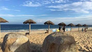 A beach with thatched umbrellas and large rocks.