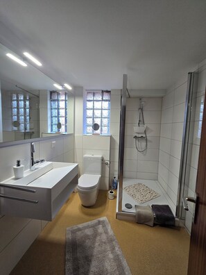 Dusche, Haartrockner, Seife, Toilettenpapier