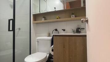 Shower, towels, toilet paper