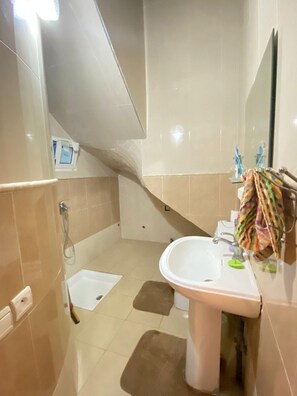 Douche, bidet, serviettes fournies, savon