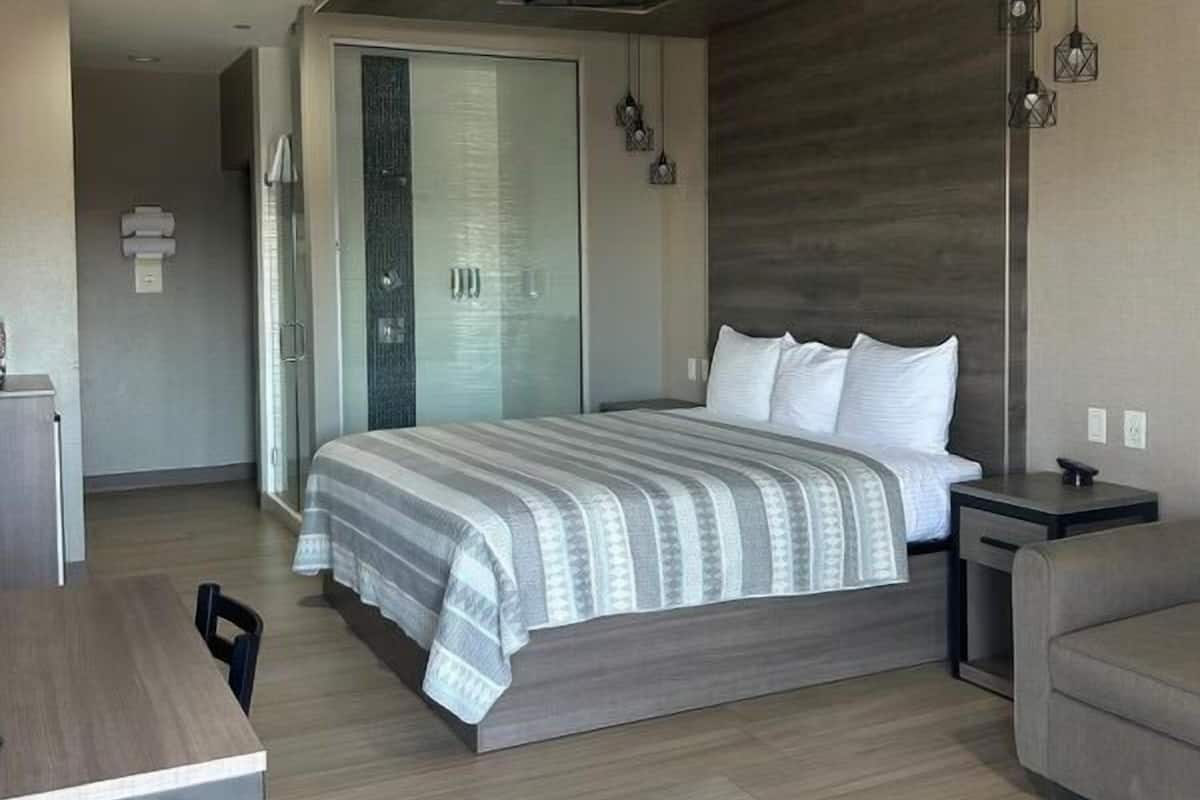 A modern bedroom with a large bed, a desk, and a sofa.