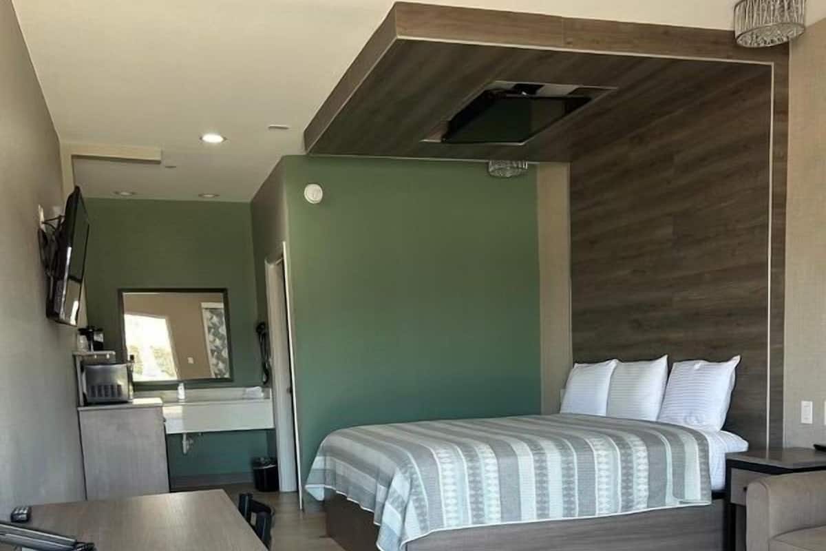 A modern bedroom with a bed, a desk, and a kitchenette area.