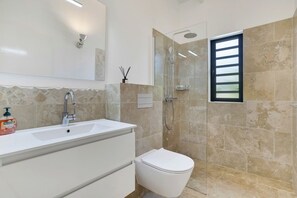Shower, hair dryer, towels, soap