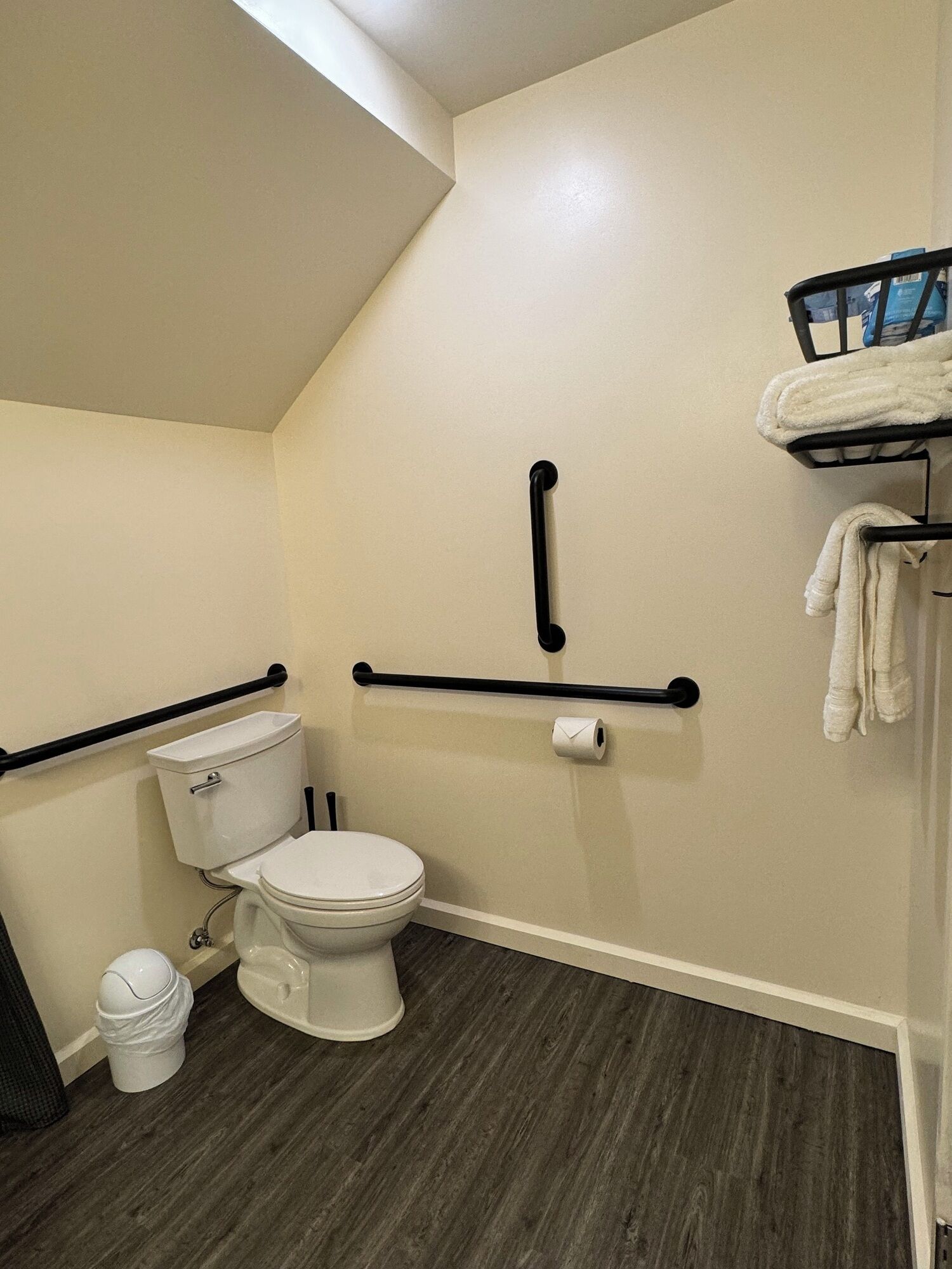 A small bathroom with a toilet, a bidet, and a towel rack.