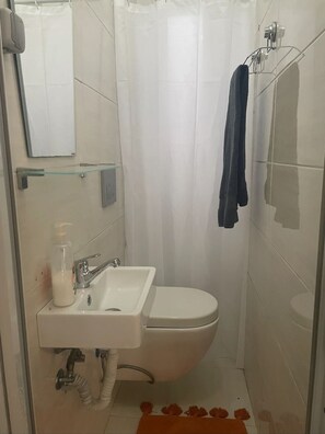 Hair dryer, towels, soap, toilet paper