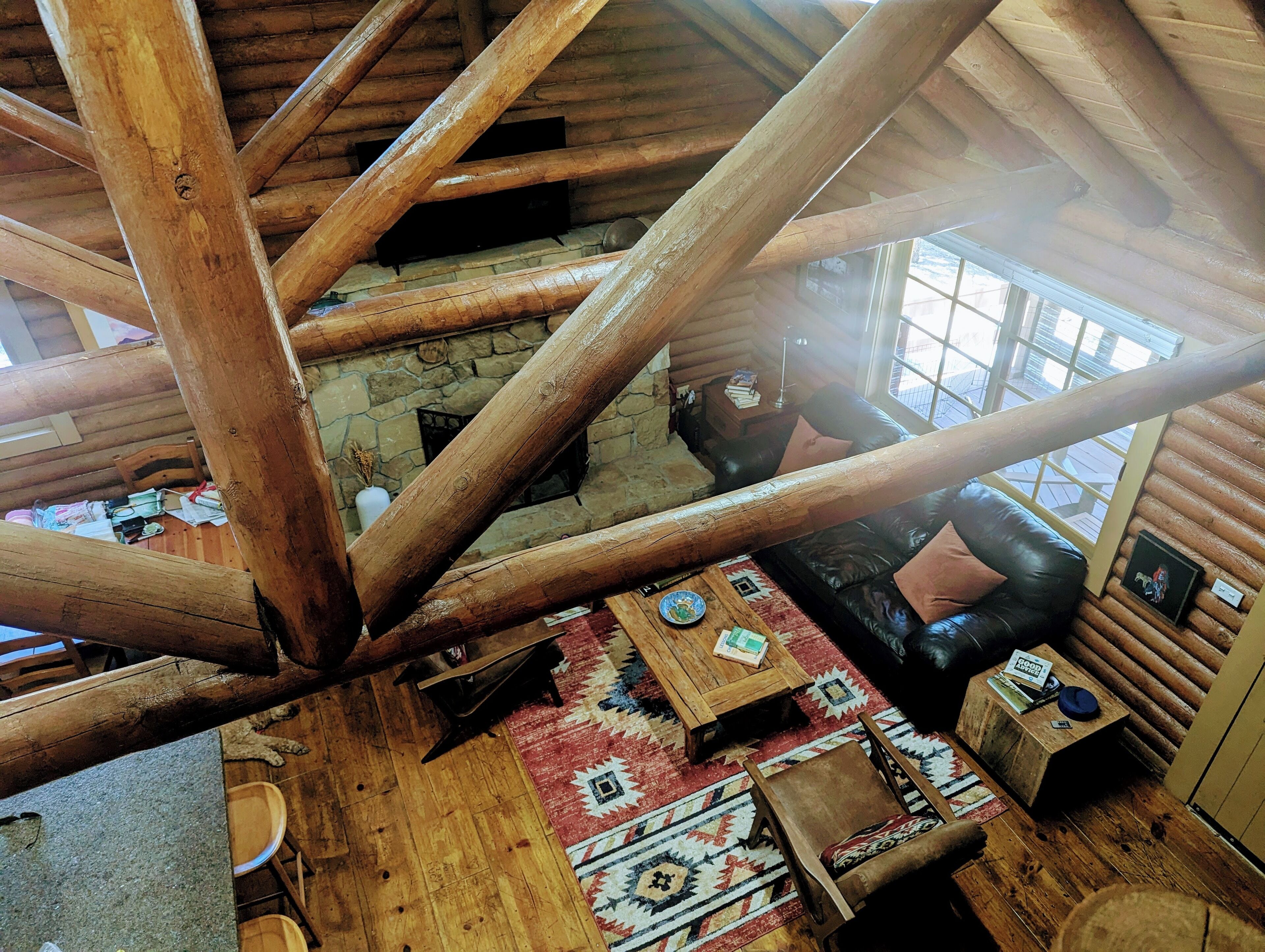Smart TV, fireplace, books