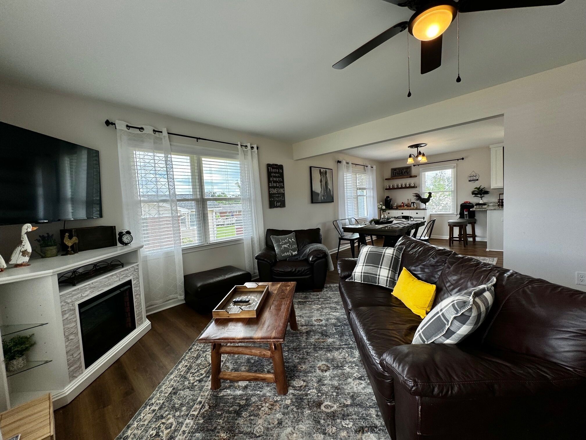 Smart TV, fireplace, table football, books