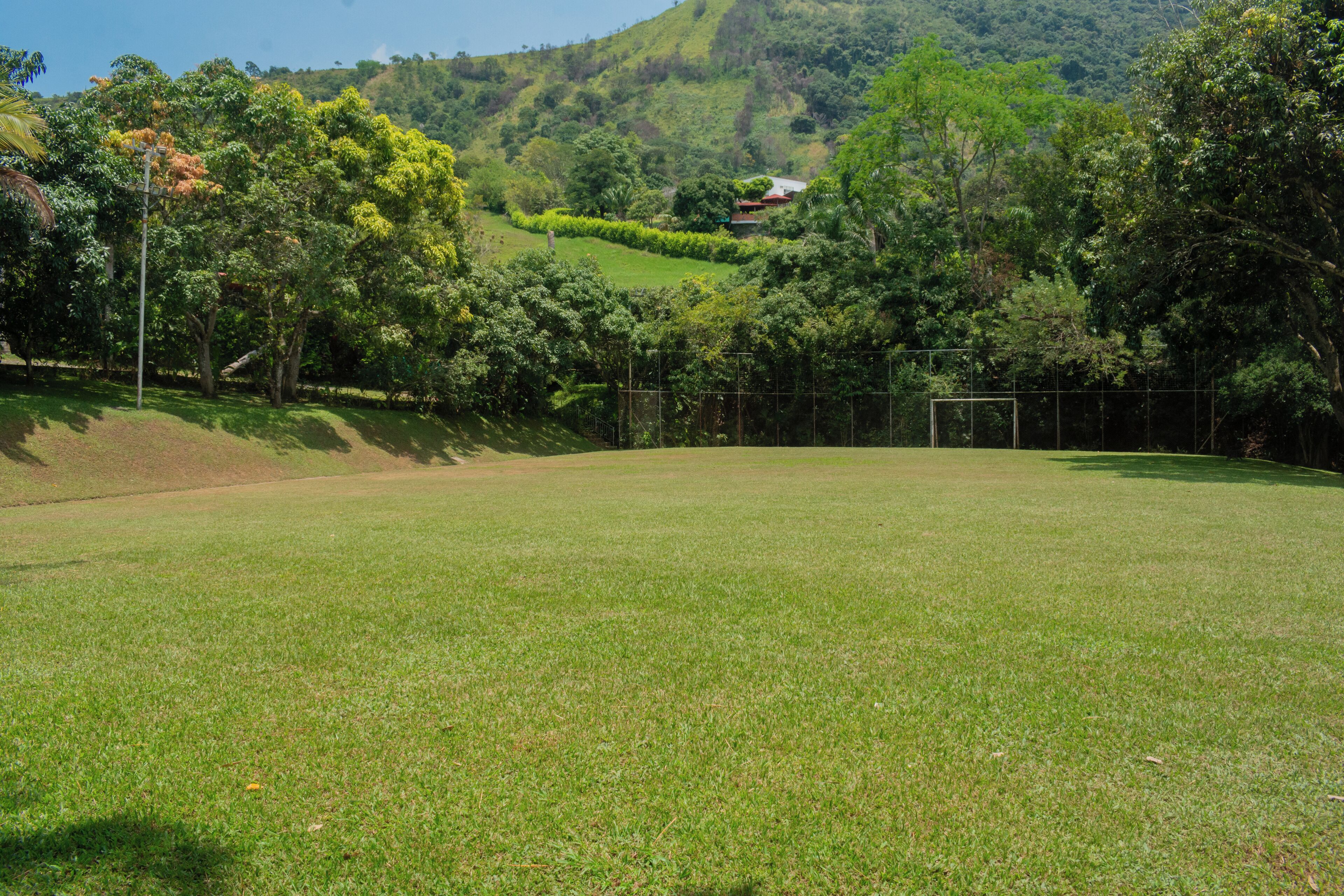 A grassy field with a fence, trees, and a hill with a house in the background.