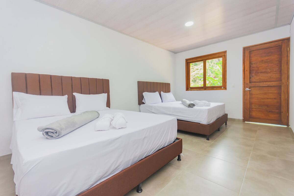 A hotel room with two beds, each with a wooden headboard, white bedding, and a window with a view of greenery.