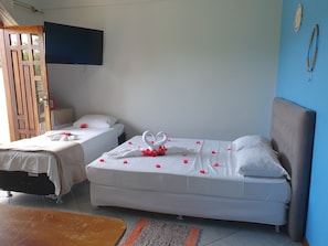 Quarto duplo standard, vista para o jardim | Espaço de trabalho para notebook, ferros/tábuas de passar roupa