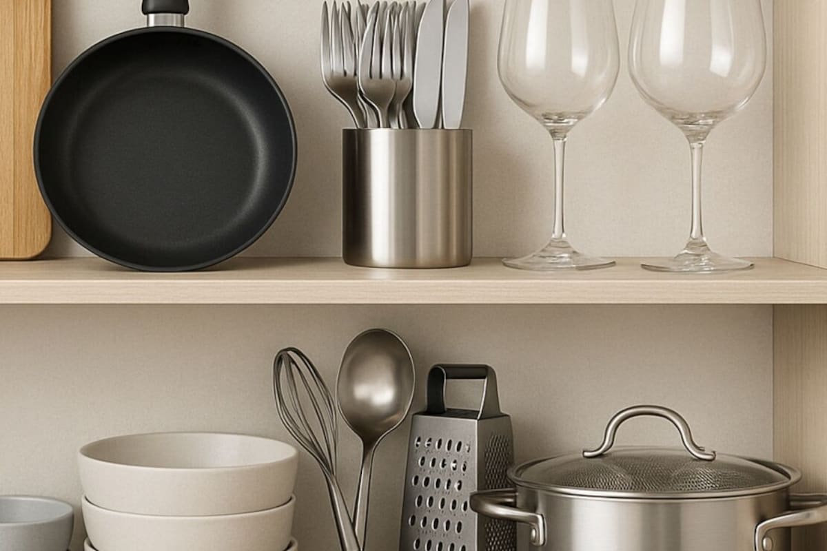 A kitchen shelf with various utensils, cookware, and a sign indicating kitchenware is included.
