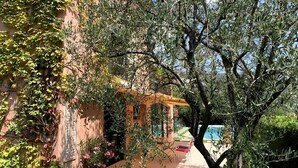 Un cortile con una pergola, una piscina e un edificio ricoperto d'edera.