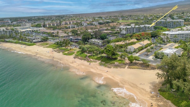 Une vue aérienne d’une zone côtière avec une plage, des bâtiments et une flèche jaune indiquant un endroit précis.