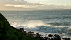 A coastal scene with waves crashing onto rocks and a clear sky.