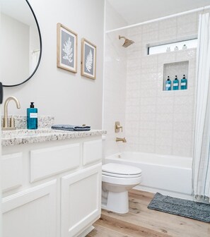 Ducha, secador de pelo, toallas, jabón