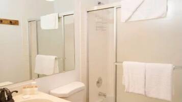 Hair dryer, towels, soap, shampoo