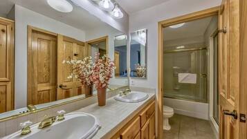 Hair dryer, towels, soap, shampoo