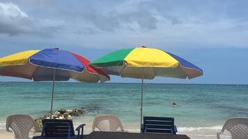 Private beach, white sand, sun-loungers, beach umbrellas