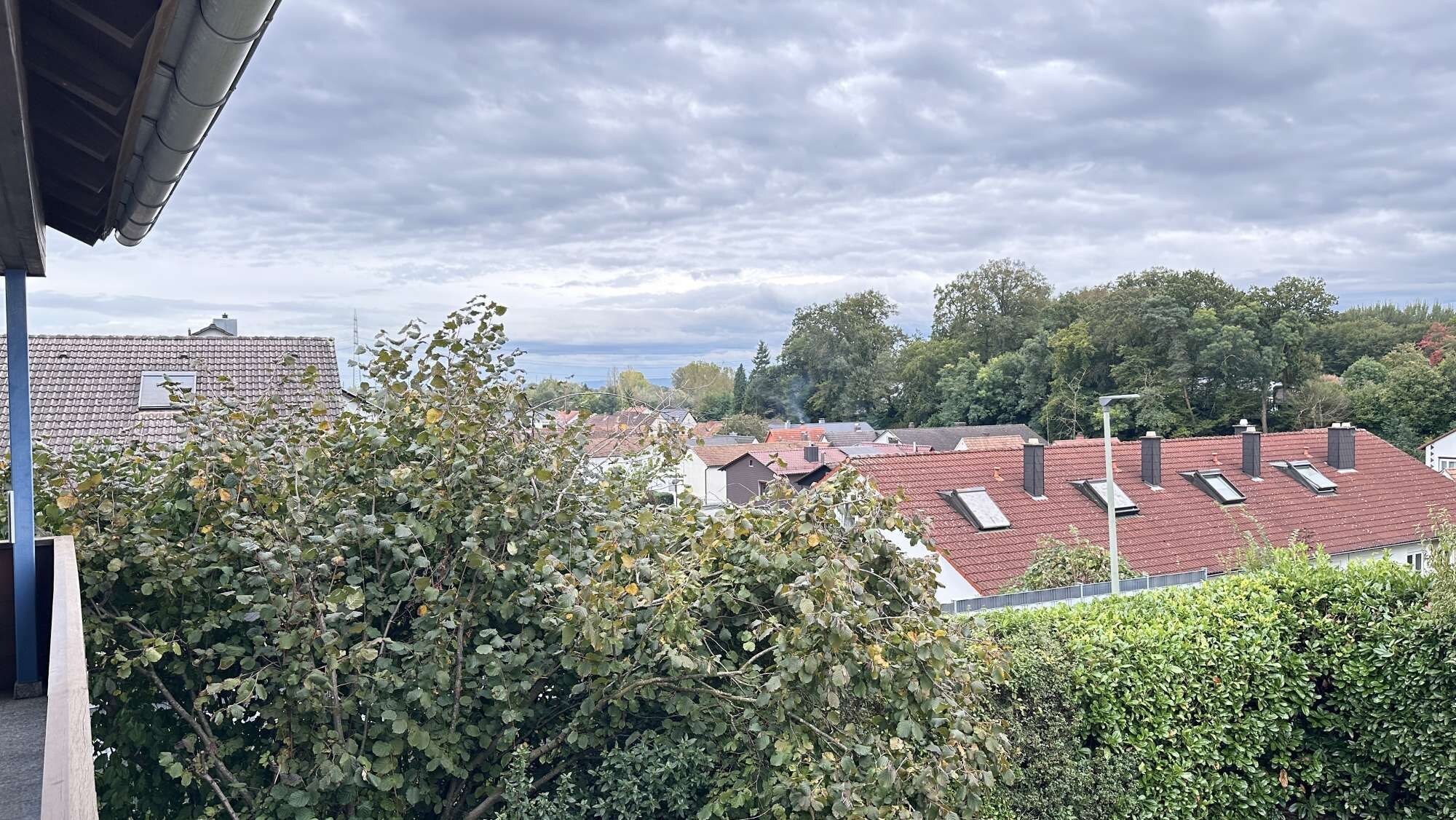 A residential area with houses, some with sloped roofs and solar panels, and dense greenery in the foreground.