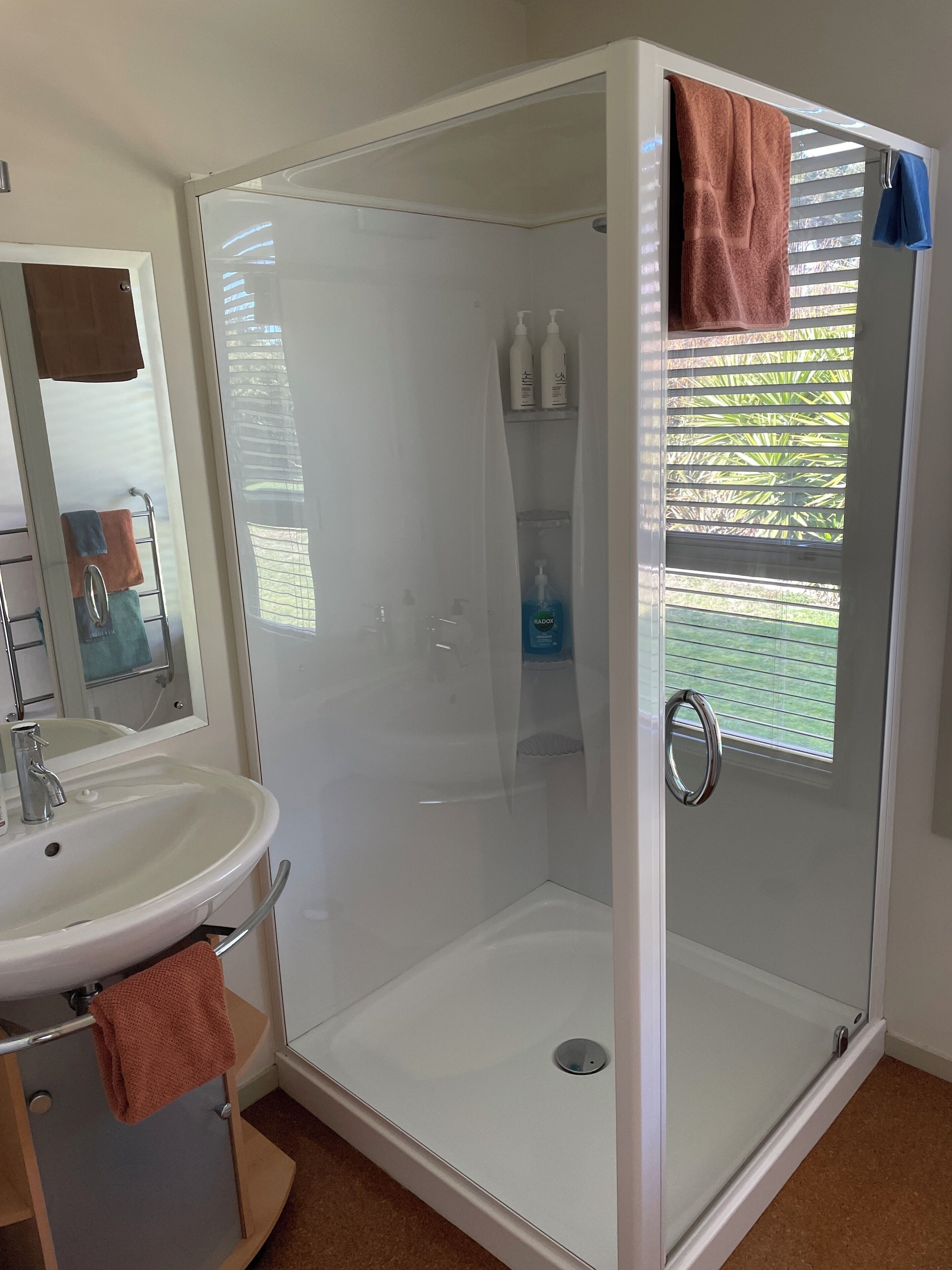 Shower, hair dryer, towels, soap