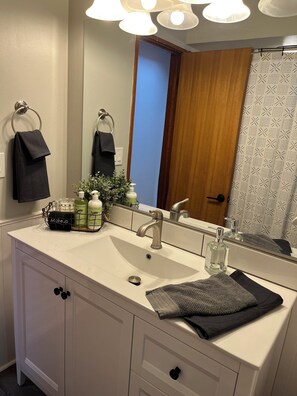 Shower, hair dryer, towels, soap