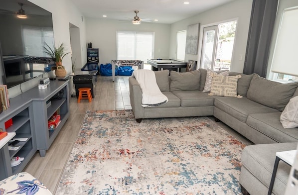 Smart TV, video games, foosball, books