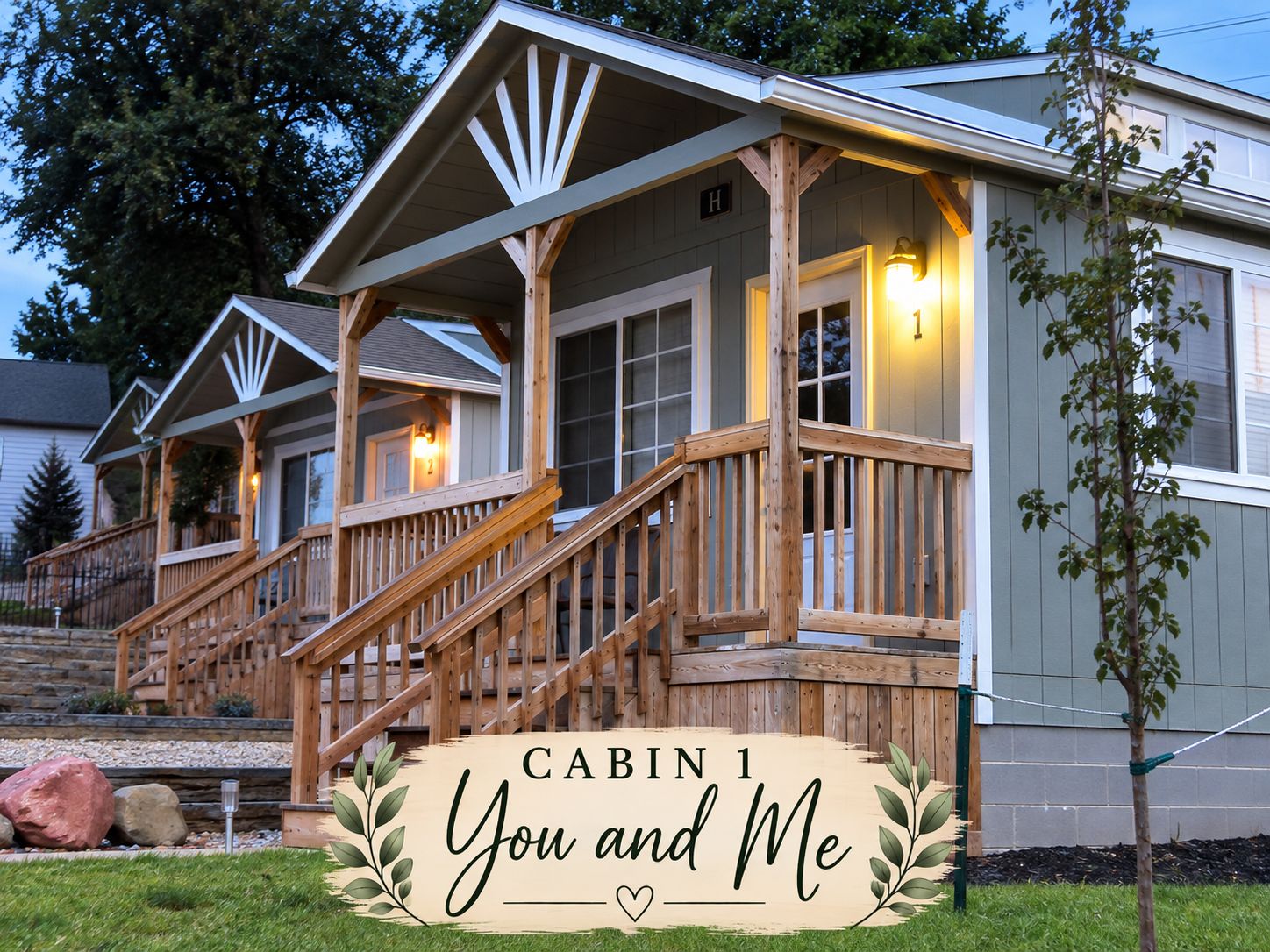 Cabin 1 at Dusk with Porch Light