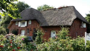 Une maison traditionnelle en briques, avec un toit de chaume, une porte blanche et un petit jardin agrémenté de plantes à fleurs.