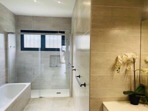 Shower, hair dryer, towels