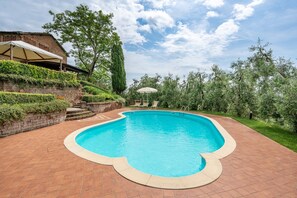 A swimming pool with a tiled deck, surrounded by greenery and a brick wall.