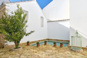 A courtyard with a pool, potted plants, and a birdcage. - 2 bedrooms and private bathroom, shared pool, Wi-Fi & air conditioning (Espejo)