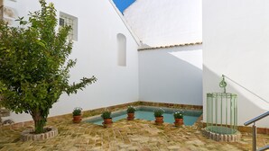 A courtyard with a white building, a tree, a small pool, and potted plants. - 3 bedrooms and a private bathroom, with shared pool, Wi-Fi, and air conditioning (Espejo)