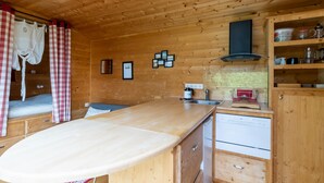 Una cocina compacta con armarios de madera, una encimera, un fregadero y un lavavajillas.