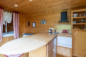 A compact kitchen with wooden cabinetry, a countertop, a sink, and a dishwasher. - Null 'Tiny House' with Private Garden and Air Conditioning (Auriac-du-Périgord)