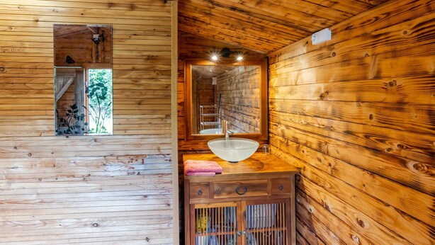 A wooden cabin interior with a wooden wall, a window with a view, a sink with a mirror, and a cabinet.
