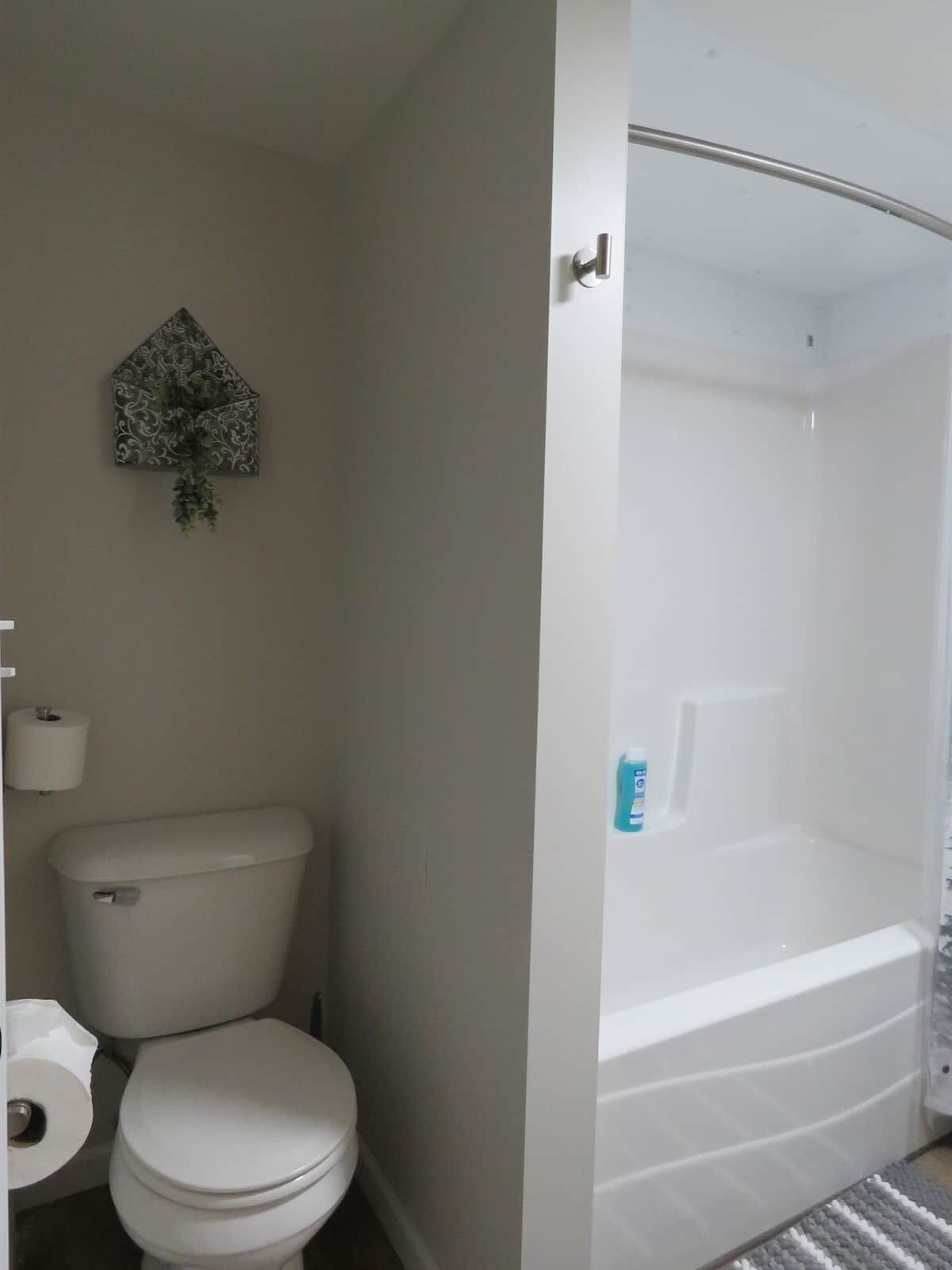 A bathroom with a toilet, a shower, and a wall-mounted toilet paper holder.