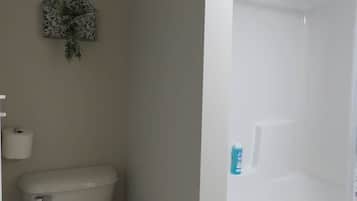 A bathroom with a toilet, a shower, and a wall-mounted toilet paper holder.