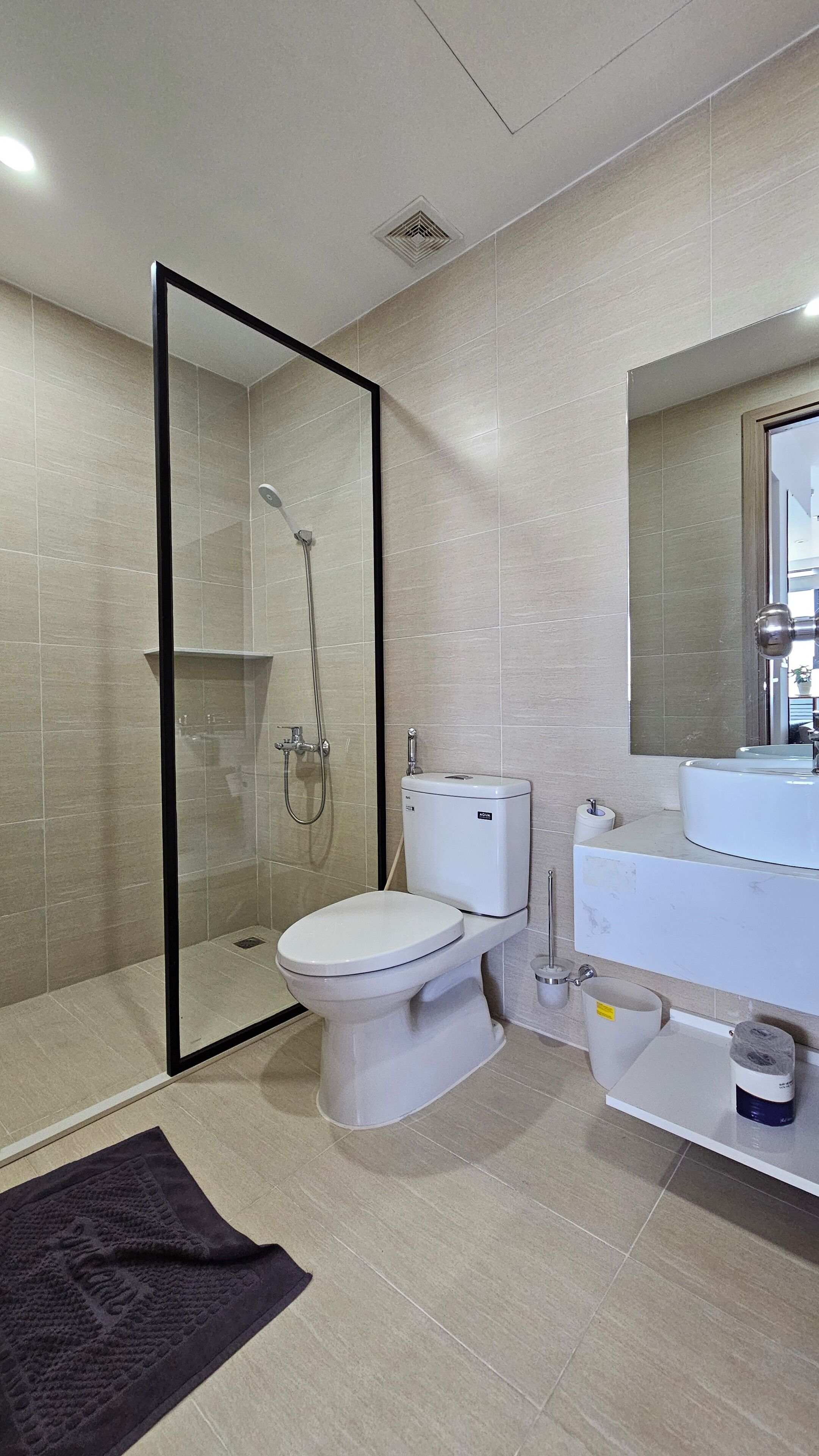 Hair dryer, bidet, towels, soap