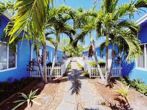 A pathway flanked by white picket fences leading to a blue building with palm trees.